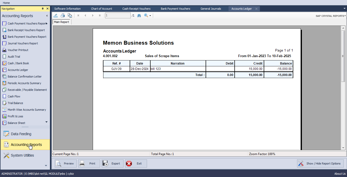 Corporate General & Subsidiary Ledger Statement