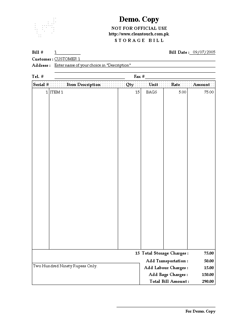 Storage Memo & Monthly Rent Bill
