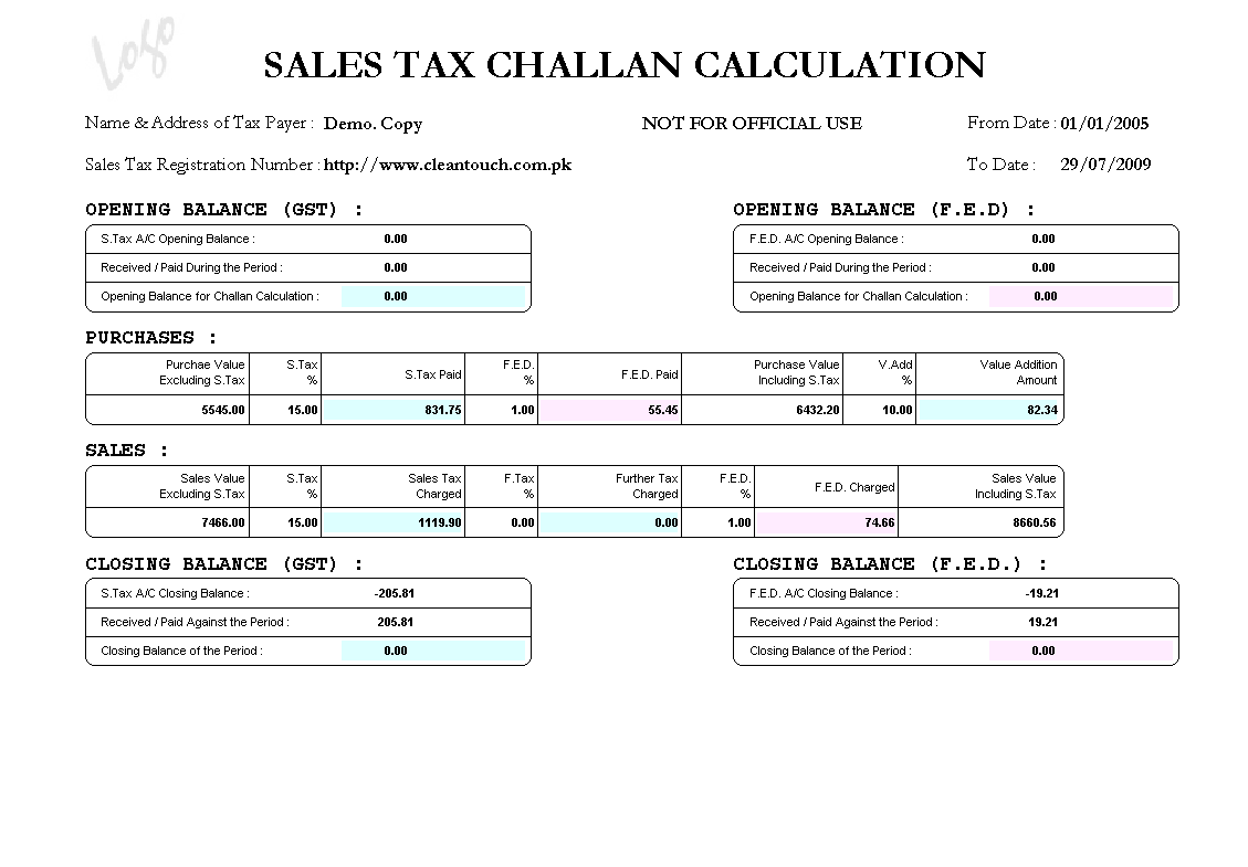 Monthly Sales Tax Challan Calculation