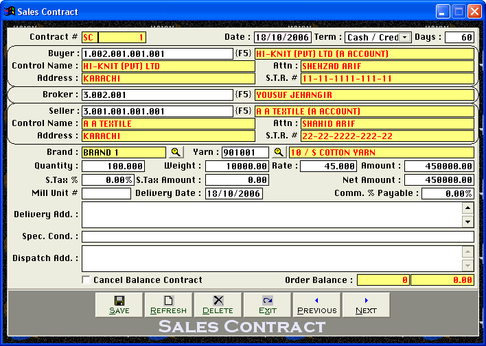 Yarn Sales Delivery Contract