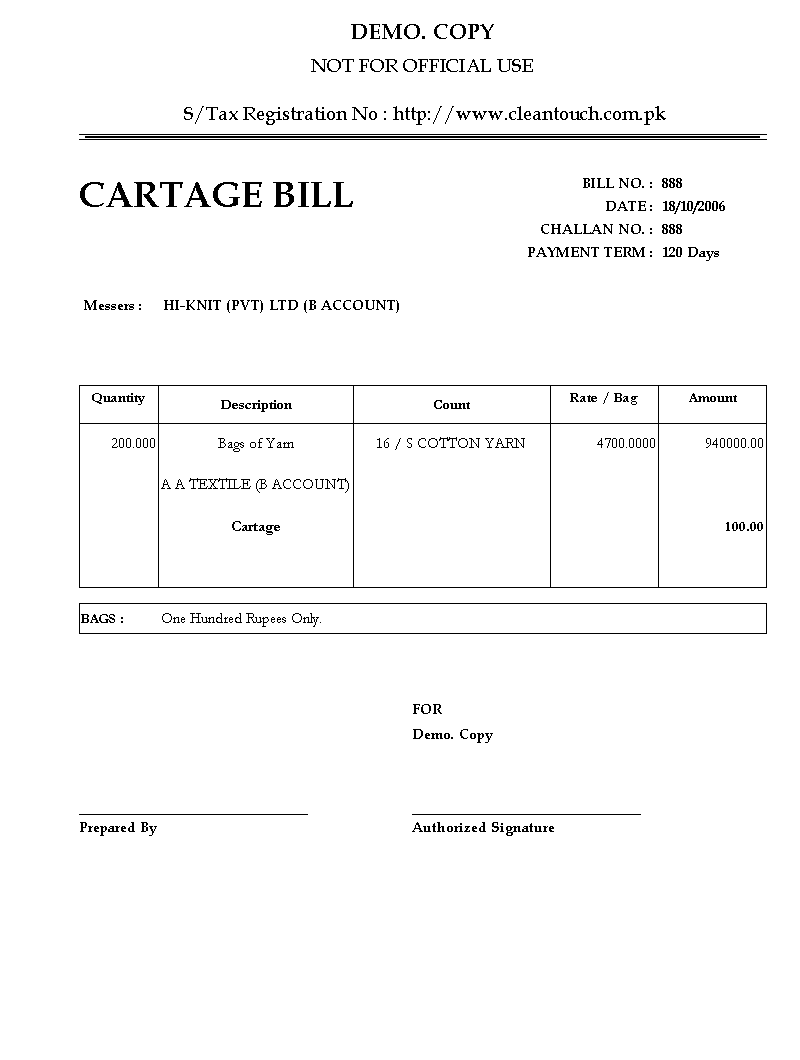 Cartage & Freight Delivery Bill