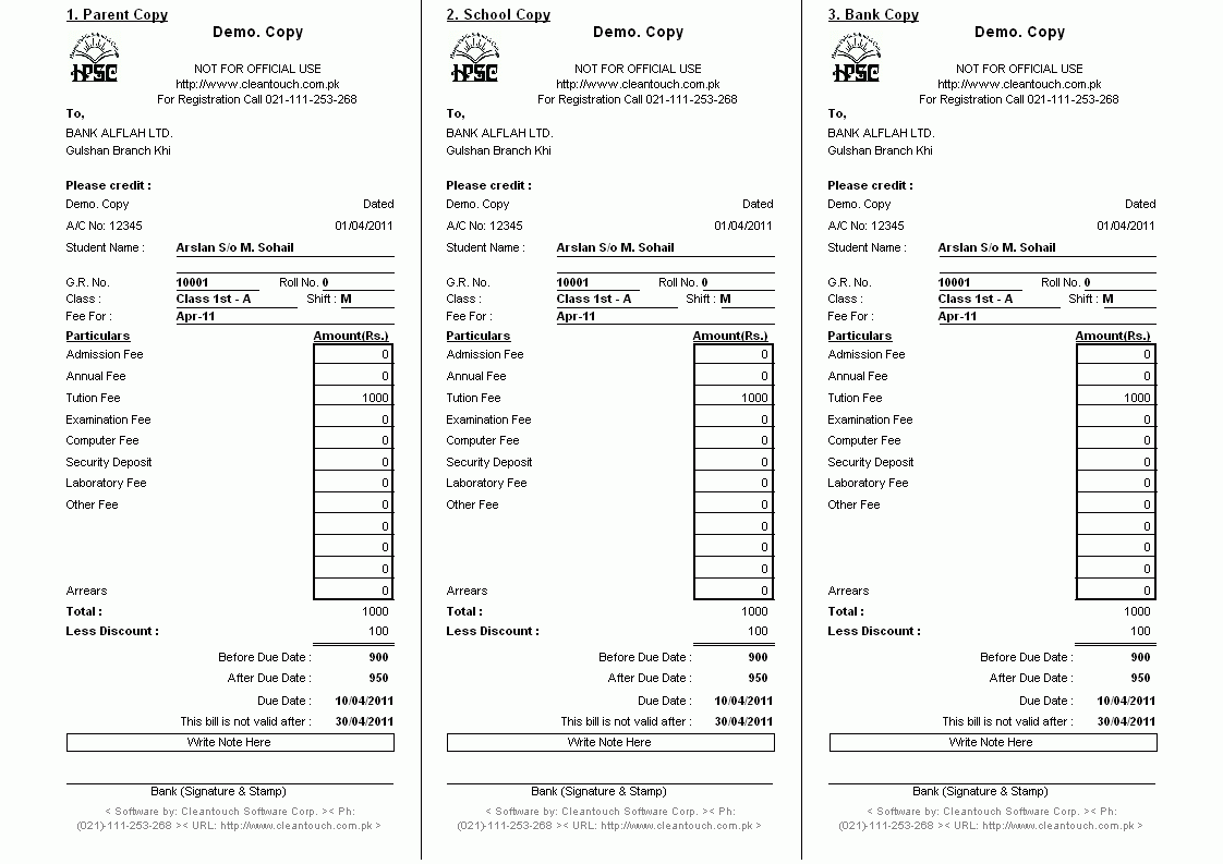 3-Part Bank Fee Challan Slip (Bank/School/Student)