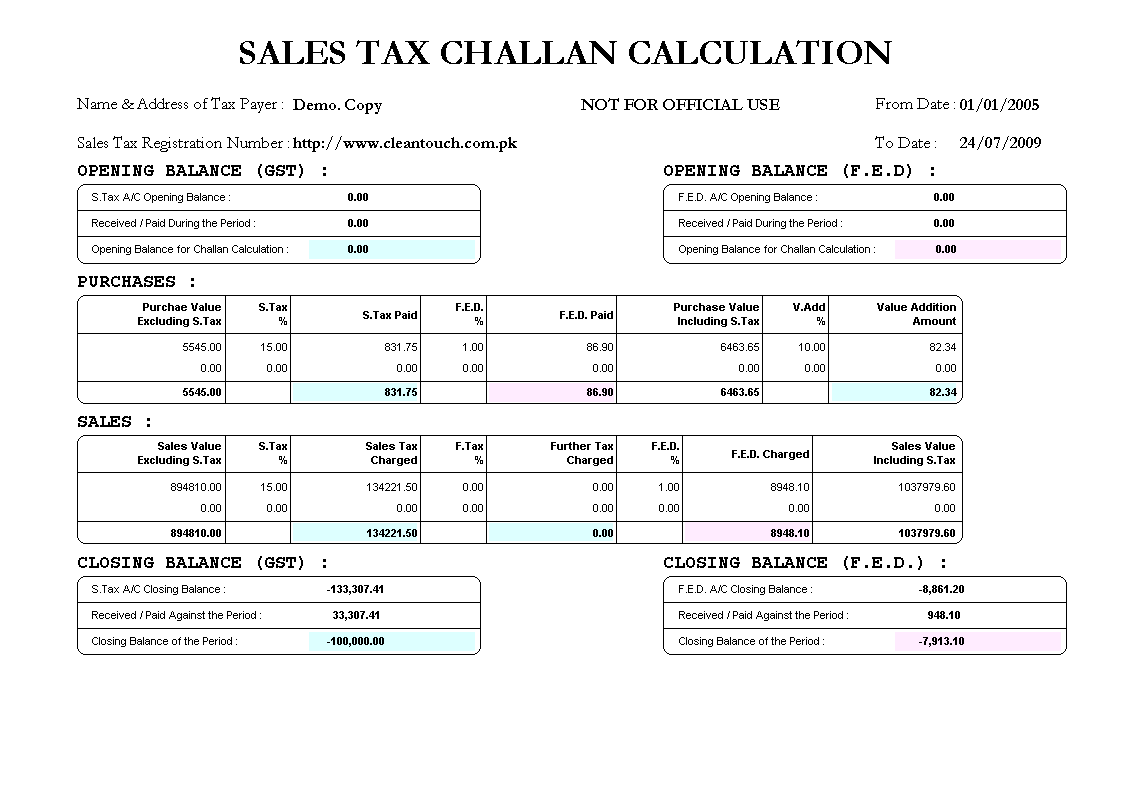 Sales Tax Challan Calculation