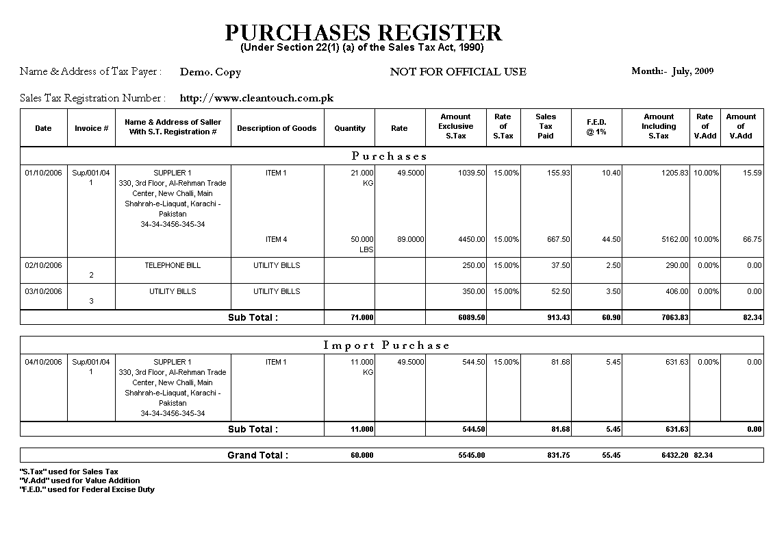 Sales Tax Input Register