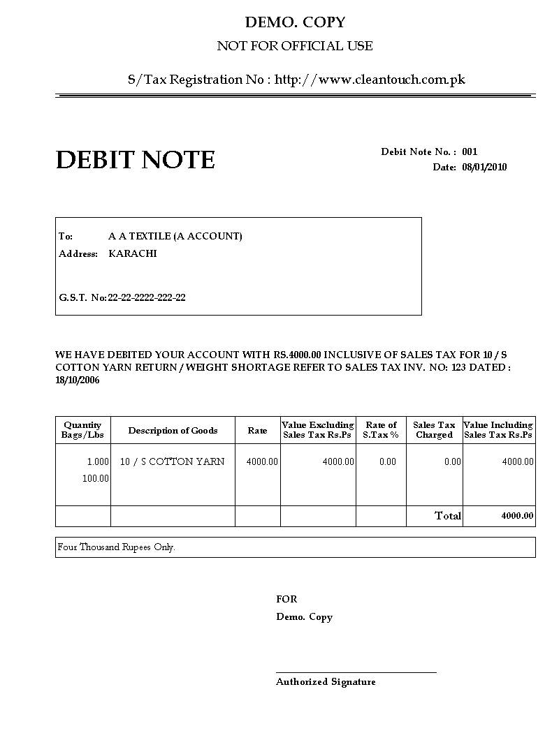 Debit Note Printout