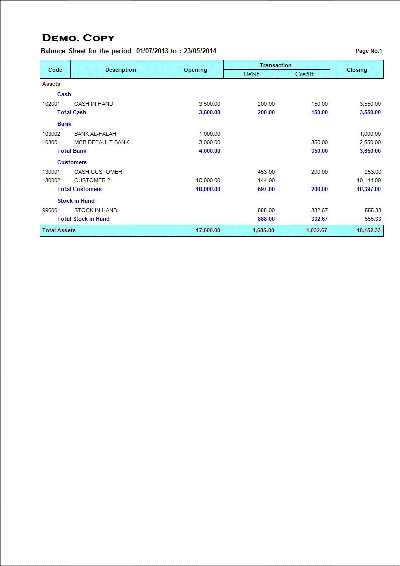 Balance Sheet (Format 1) Page 1